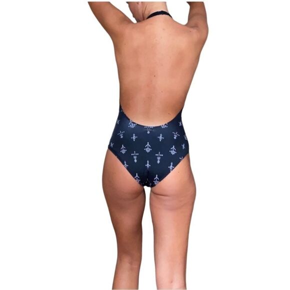 Roxy Strappy Love 1 piece halter low open back, ties in front tribal motif sz S - Picture 6 of 9